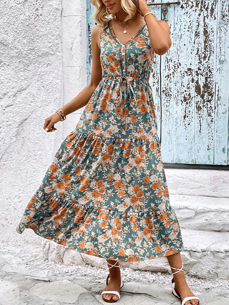 Elegant Floral Long Dress Women Summer Casual Bandage Sleeveless Ruffle Beach Dress Fashion Blue v Neck New in Dresses