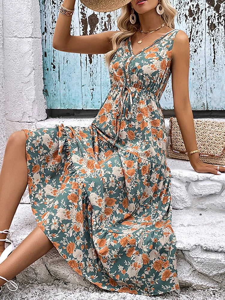 Elegant Floral Long Dress Women Summer Casual Bandage Sleeveless Ruffle Beach Dress Fashion Blue v Neck New in Dresses