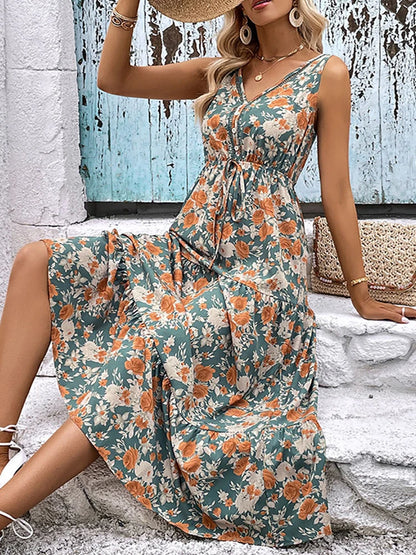 Elegant Floral Long Dress Women Summer Casual Bandage Sleeveless Ruffle Beach Dress Fashion Blue v Neck New in Dresses