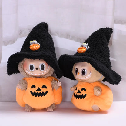 17cm Labubu Halloween Costume - Pumpkin Outfit With Black Hat, Cute Plush Doll Clothing for Labubu, Spooky Festival Cosplay
