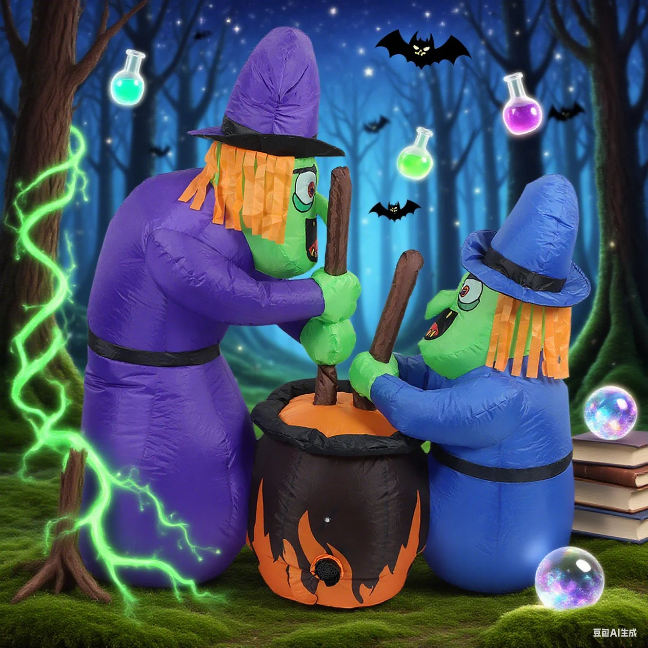 5Ft Halloween Inflatable Two Witches and Cauldron Decoration With Light, Inflatable Yard Decor Blow Up With Build-In LEDs