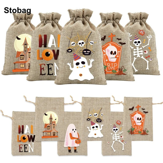 StoBag 6/24/50pcs/Lot Happy Halloween Linen Bags Drawstring Gift Candy Packaging Small Storage Kids Pouches Trick or Treat Party
