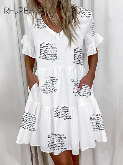 Casual Ruffles Loose V-Neck Dress Women Summer Short Sleeve Floral Print Woman Dress 2023 Fashion White Boho Beach Dresses 5XL