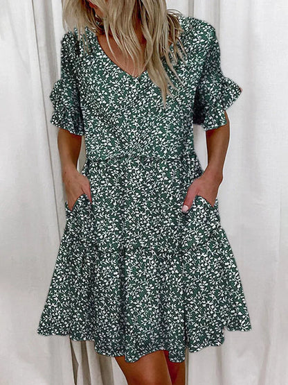 Casual Ruffles Loose V-Neck Dress Women Summer Short Sleeve Floral Print Woman Dress 2023 Fashion White Boho Beach Dresses 5XL