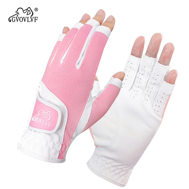 GVOVLVF1 Pair Golf Gloves for Women Half 1/3 Finger Soft Leather Breathable for Better Grip and Club Control Fit Ladies Girls