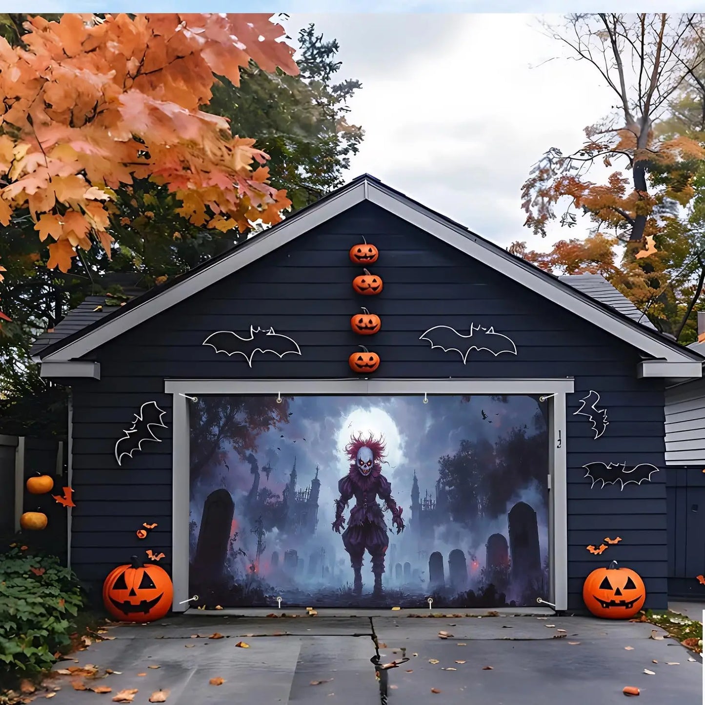 Scary Clown Garage Door Banner – Haunted Cemetery Halloween Decoration for Outdoor Parties & Events