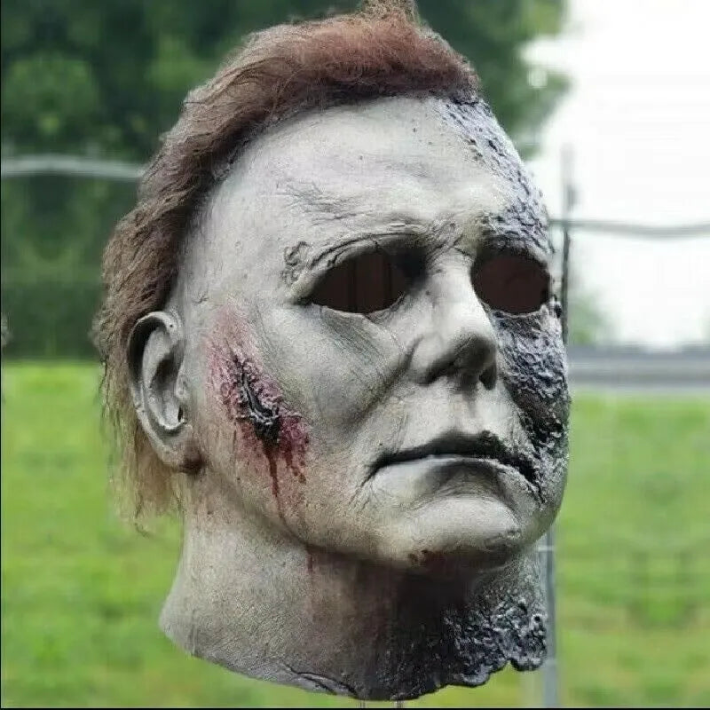 Halloween Michael Myers Mask Scary Killer Full Head Mask Creepy Fire Burn Scar Latex Face Mask Cosplay Costume Party Props Knife