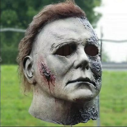 Halloween Michael Myers Mask Scary Killer Full Head Mask Creepy Fire Burn Scar Latex Face Mask Cosplay Costume Party Props Knife