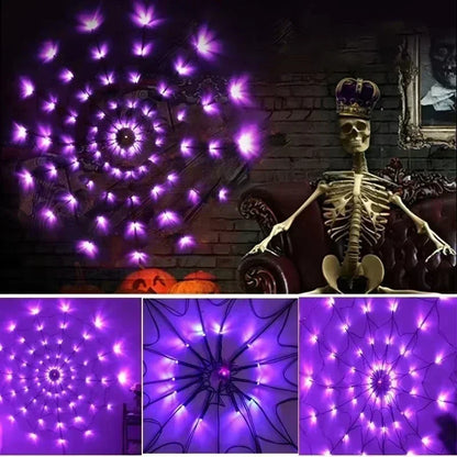 Outdoor Halloween Spider Web LED Purple Lights Battery Powered 8 Modes 70LED String Lights Remote Control Garden Wall Decoration
