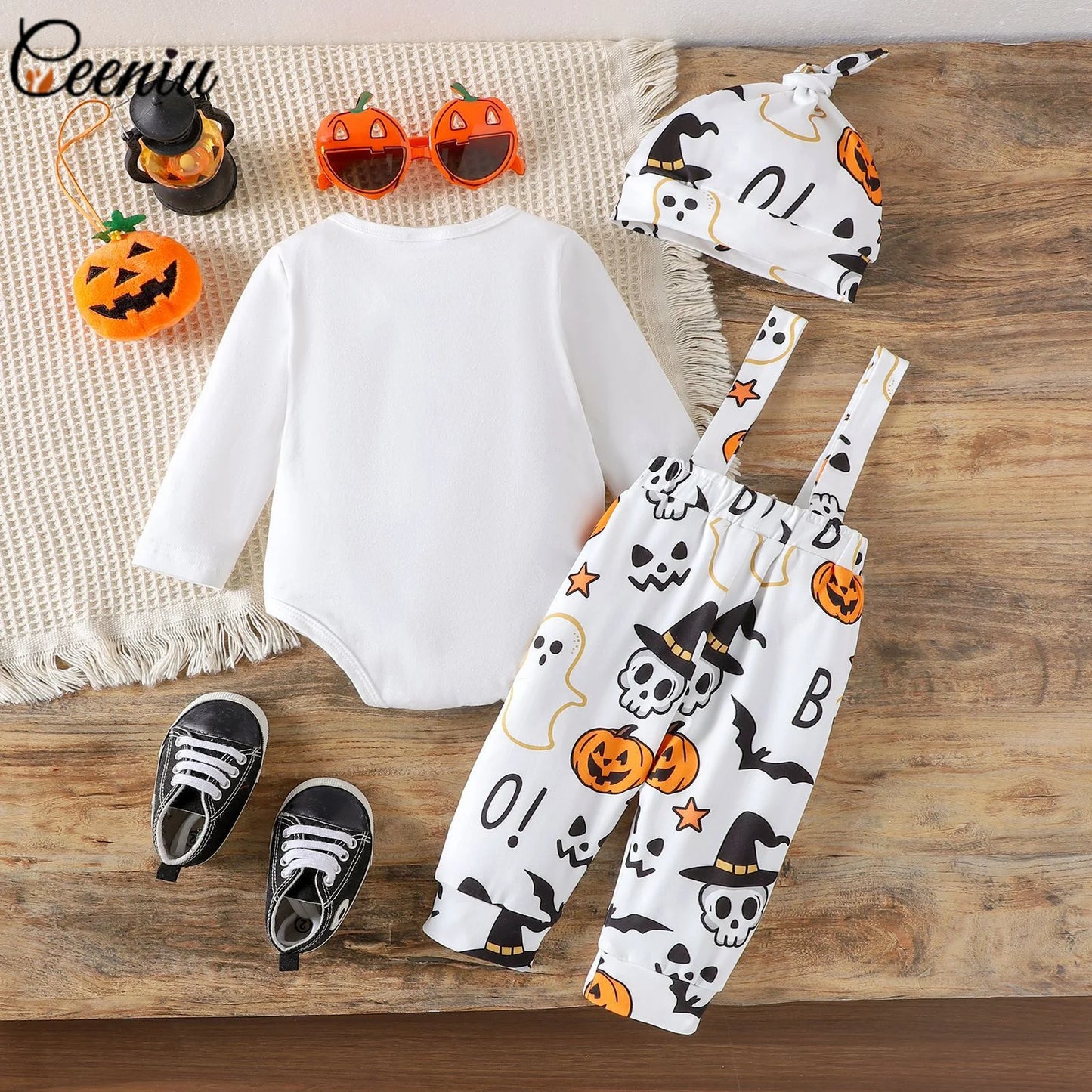 Ceeniu My First Halloween Baby Outfit for Boys Long Sleeve Letter Romper Suspender Pants+Hat Newborns Baby Halloween Costumes