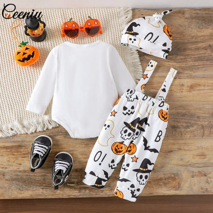 Ceeniu My First Halloween Baby Outfit for Boys Long Sleeve Letter Romper Suspender Pants+Hat Newborns Baby Halloween Costumes