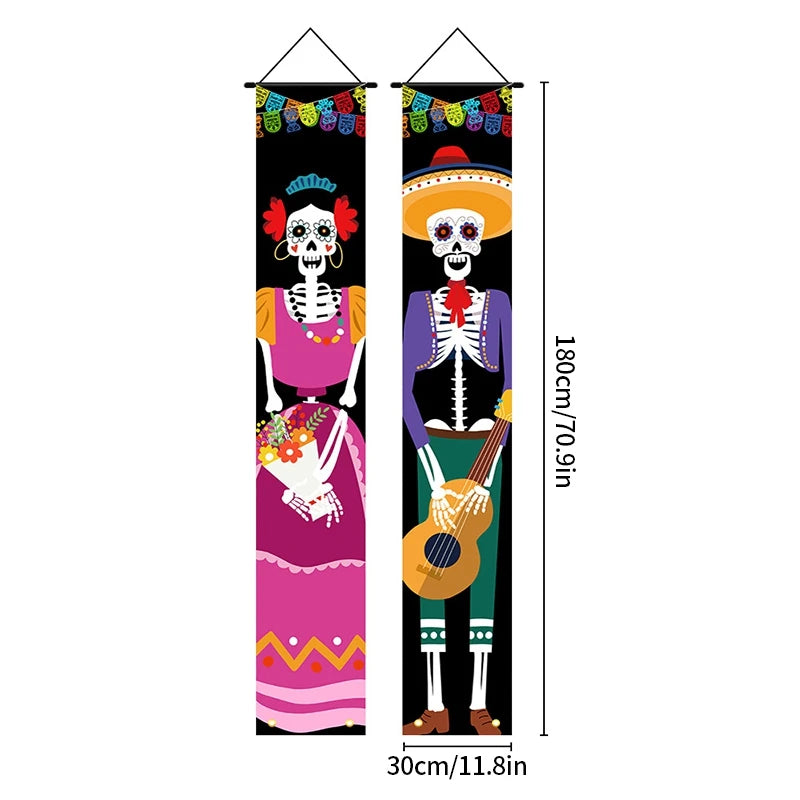 Mexican Day of the Dead Halloween Couplet Scary Skeleton Couple Flag Halloween Decoration Hanging Flag Banner Door Decor