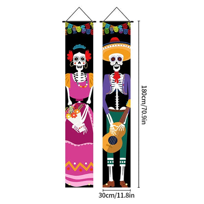 Mexican Day of the Dead Halloween Couplet Scary Skeleton Couple Flag Halloween Decoration Hanging Flag Banner Door Decor