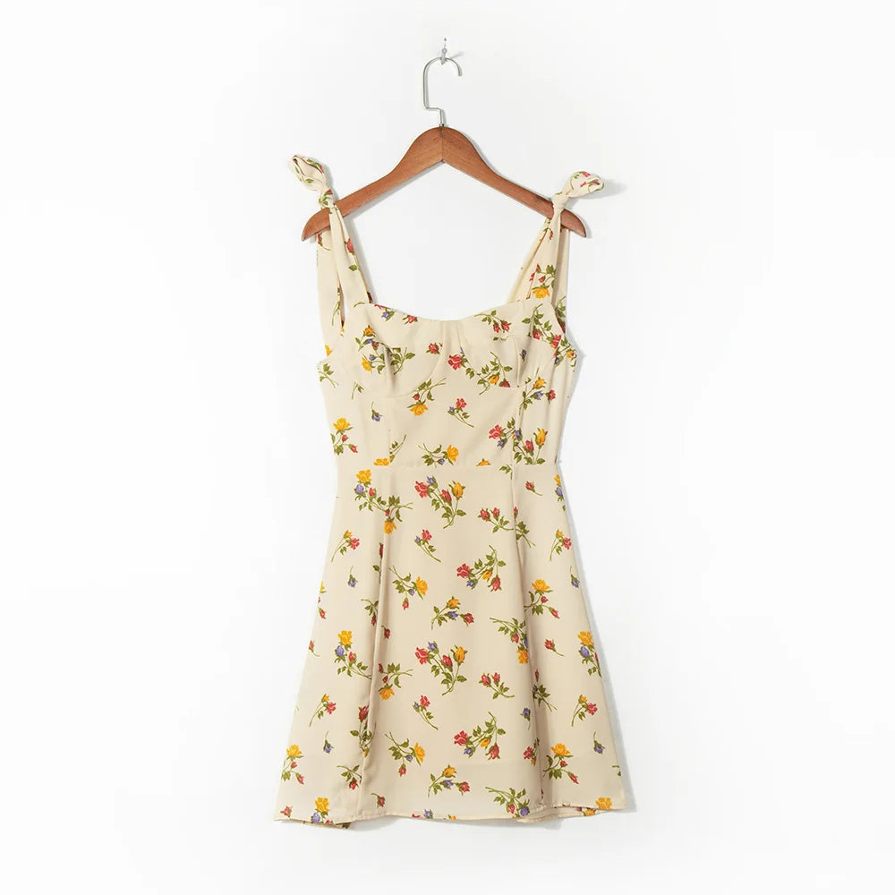 Summer Dresses for Women 2023 Sweetheart Neck Sleeveless Tie Strap Floral Print Mini Dress Woman Vacation Beach Style Sundress