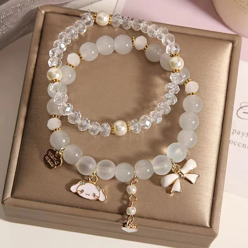 1Pc Anime Sanrio Bracelet Cinnamoroll Bow Crystal Beads Bracelet Kawaii Cinnamorol Kuromi Pendant Accessories Jewelry Gift