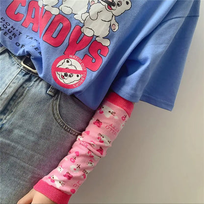 Sanrio Kawaii Hello Kitty Arm Cover Pink Kt Cat Arm Warmer Punk Cute Knitted Arm Sleeves Fingerless Gloves for Women Girls Gift