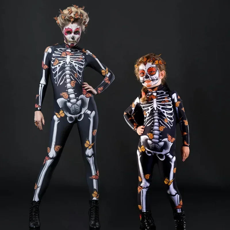 Women Halloween Skeleton Butterfly BodySuit Adult Kid Scary Costumes Cosplay Devil Jumpsuit Carnival Party Baby Girl Rompers