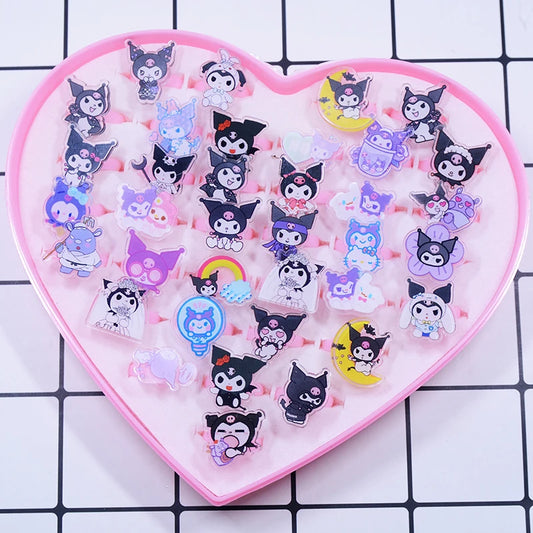 10/20Pcs Sanrio Hello Kitty Melody Ring Kids Adjustable Baby Rings Kuromi Cartoon Children Girl Rings Party Gifts With Box
