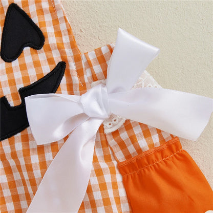 Toddler Baby Girls Halloween Romper Casual Sleeveless Square Neck Pumpkin Plaid Printed Jumpsuit Fashion Infant Newborn Clothes
