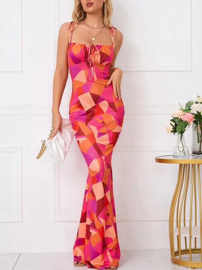 Fashion Floral Print Spaghetti Strap Lace Up Long Dress Summer Women Sleeveless Bandeau Bodycon Party Beach Holiady Dresses Robe