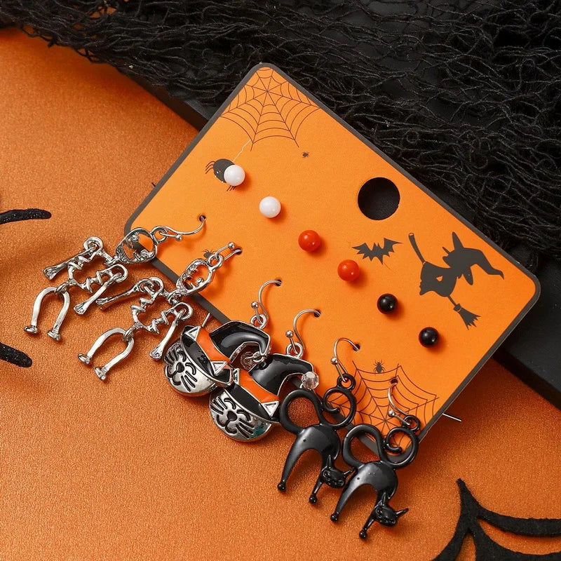 6pcs Women's Earrings Set Halloween Earrings for Women Fashion Creative Jewelry 2024 Bat Ghost Pumpkin Black Cat Stud Earrings