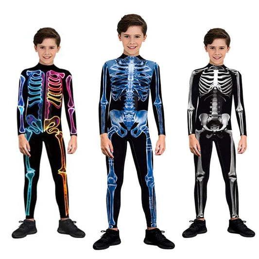 Kids Halloween Cosplay Scary Costume Zombies Skeleton Print Jumpsuit Boys Girls Zentai Suit Child Carnival Party Birthday Gifts