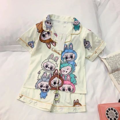 Cartoon Labubu New Pajamas Ladies Spring and Autumn Long Sleeve Suit High Sense Cartoon Fun Cardigan Home Clothes Women