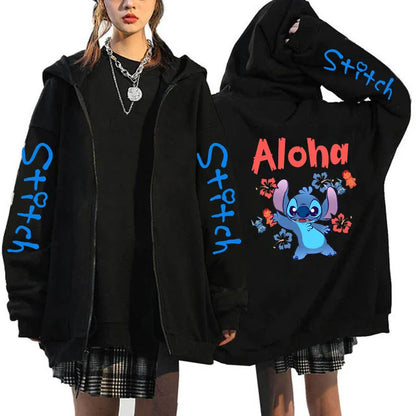 Oversized Y2k Zip-Up Hoodie Disney Women's Lilo & Stitch Costume Winter Clothes Woman Long Sleeve Warm Jacket Zip-Up Street Tops