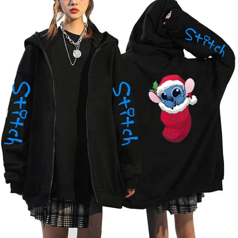 Oversized Y2k Zip-Up Hoodie Disney Women's Lilo & Stitch Costume Winter Clothes Woman Long Sleeve Warm Jacket Zip-Up Street Tops