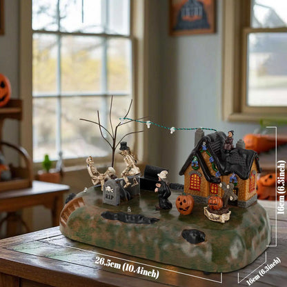 Halloween Village House Decoration With Rip Tombstones See-Saw and LED Light Terror Laughter Scary Collectible Building Holiday