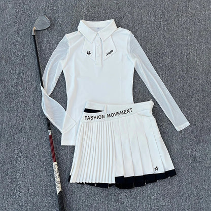 Golf Women's Long-Sleeved Polo Shirt, Summer Mesh Sleeve Sunshade, Quick-Drying, Breathable and Slimming Outdoor Sports Set