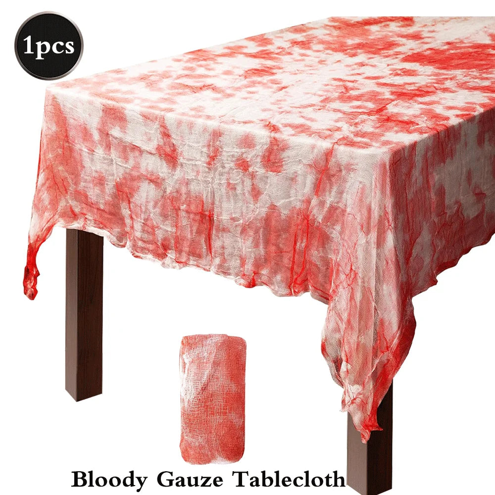 1/3/5pcs Halloween Tablecloth Bloody Gauze 85'' X 60'' Scary Bloody Table Cover Halloween Party Supplies Spook House Decorations