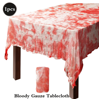 1/3/5pcs Halloween Tablecloth Bloody Gauze 85'' X 60'' Scary Bloody Table Cover Halloween Party Supplies Spook House Decorations