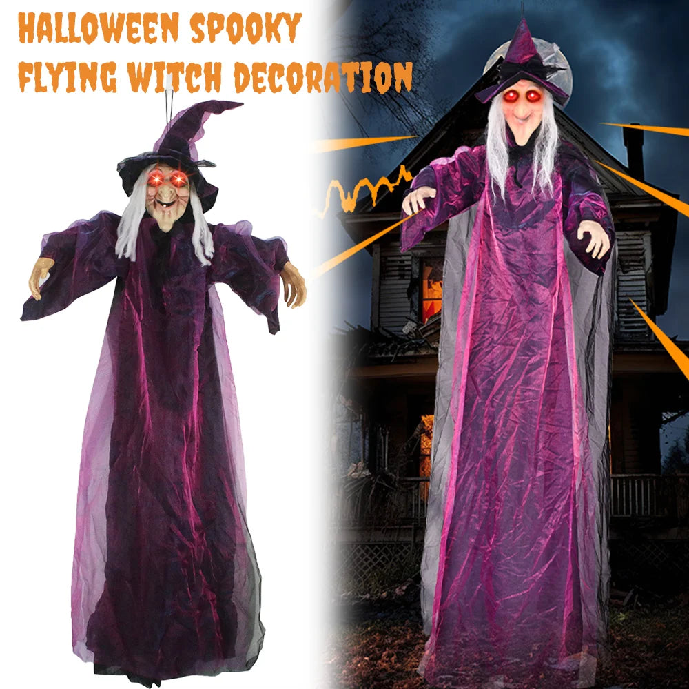 Halloween Life Size Talking Witch Purple Outdoor Spooky Scary Witch Animatronic Voice Controlled Glowing Screaming Decoration