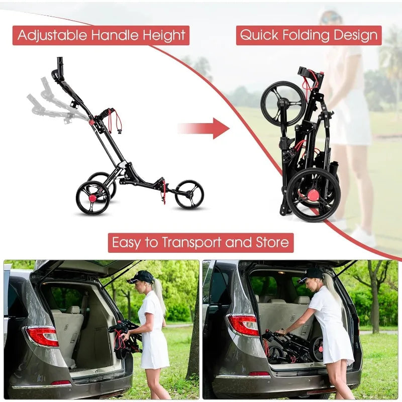 Tangkula Golf Push Pull Cart, Lightweight Aluminum Collapsible 3 Wheels Golf Push Cart, Golf Trolley With Elastic Strap