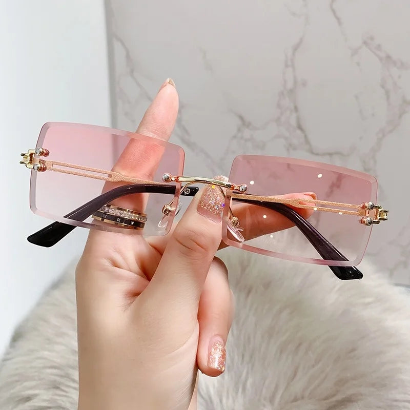 Rimless Rectangle Vintage Sunglasses Woman Brand Pink Gradient Sun Glasses Female Cutting Lens Square Ladies Oculos De Sol