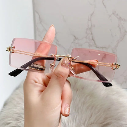 Rimless Rectangle Vintage Sunglasses Woman Brand Pink Gradient Sun Glasses Female Cutting Lens Square Ladies Oculos De Sol