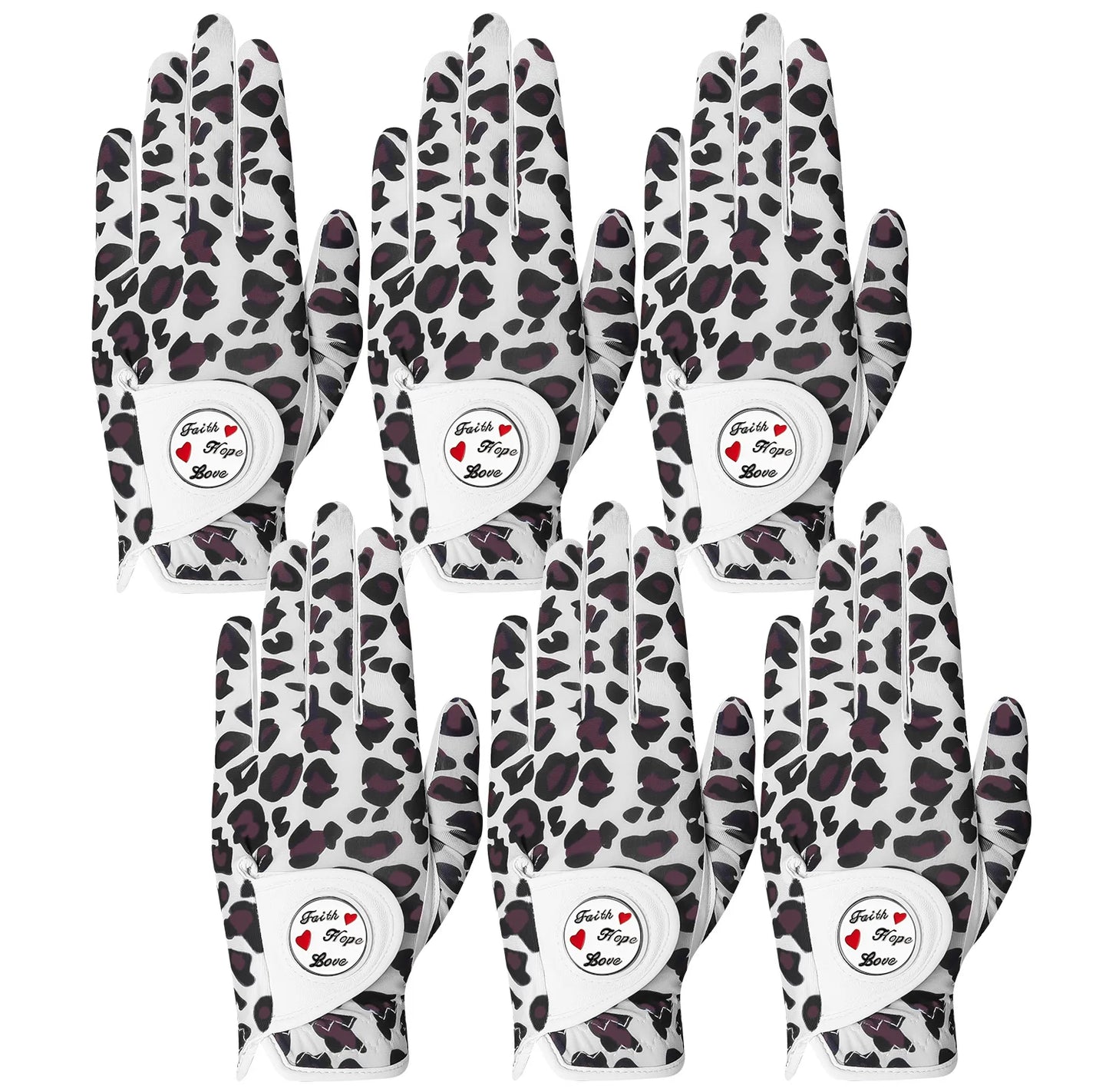 Womens Golf Glove With Ball Marker Rain Left Right Hand Leather Printed 6 Pack, Ladies Golf Gloves All Weather Grip