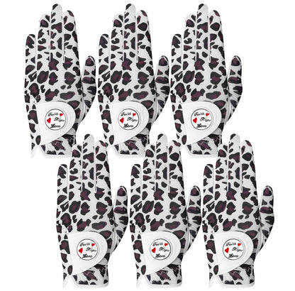 Womens Golf Glove With Ball Marker Rain Left Right Hand Leather Printed 6 Pack, Ladies Golf Gloves All Weather Grip