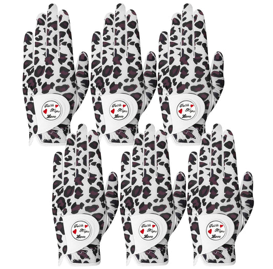 Womens Golf Glove With Ball Marker Rain Left Right Hand Leather Printed 6 Pack, Ladies Golf Gloves All Weather Grip