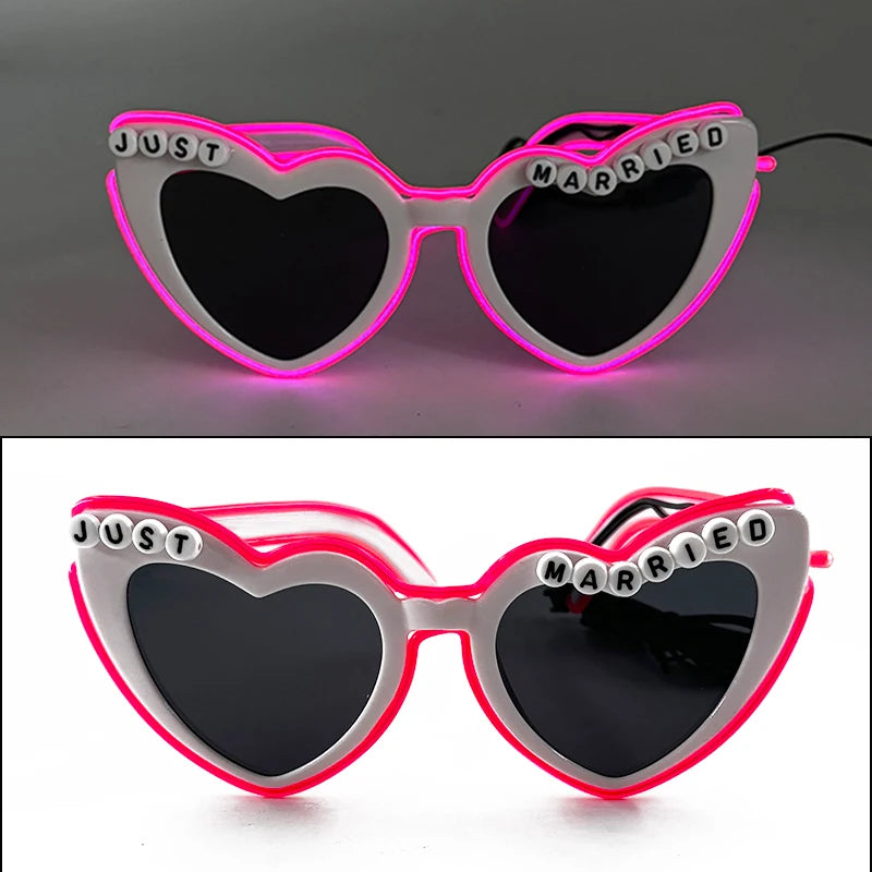 White Just Married LED Luminous Glasses Heart Shaped EL Neon Decorative Glasses Engagement  Wedding Bridal Shower Props