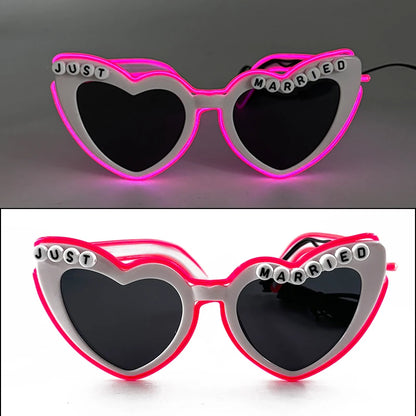 White Just Married LED Luminous Glasses Heart Shaped EL Neon Decorative Glasses Engagement  Wedding Bridal Shower Props