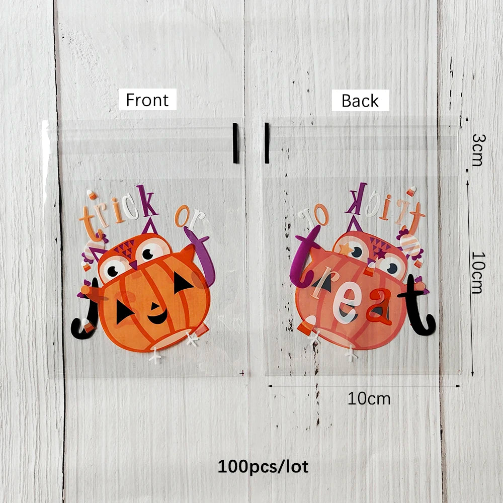 100pcs Halloween Candy Bag Plastic Gift Bags Ghost Pumpkin Spider Packaging Bag for Kids Gift Happy Halloween Party Decoration