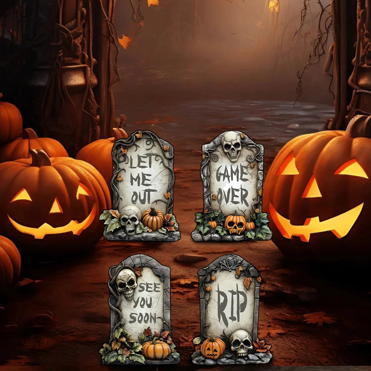 Set of 6 Spooky Halloween Tombstone Garden Stakes for Outdoor Graveyard Decorations in Yard Lawn Garden