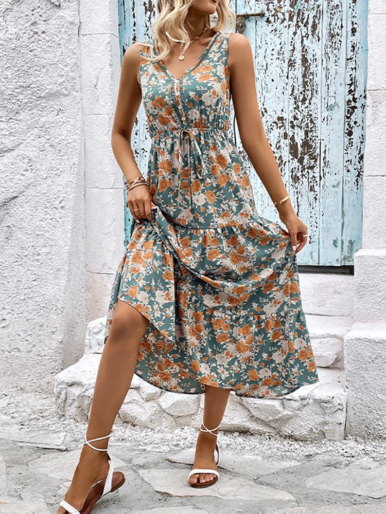 Elegant Floral Long Dress Women Summer Casual Bandage Sleeveless Ruffle Beach Dress Fashion Blue v Neck New in Dresses