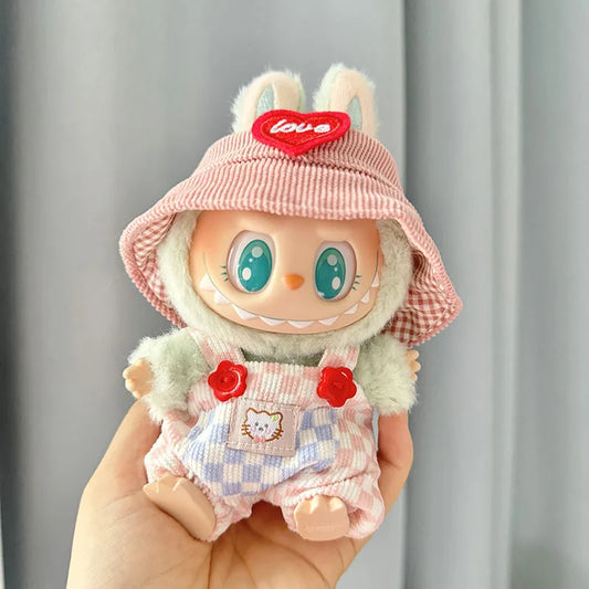 17cm Mini Plush Doll'S Clothes Outfit Accessories for Korea Kpop Exo Labubu II Idol Dolls Sitting Party Plaid Overalls Clothing