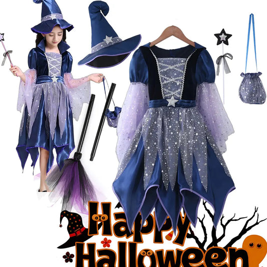 God Mother Fairy Dress With Witch Hat Wand Bag Girls Halloween Costume Witch Cosplay All Saint's Day 4Pcs Wizard Vestidos Suit
