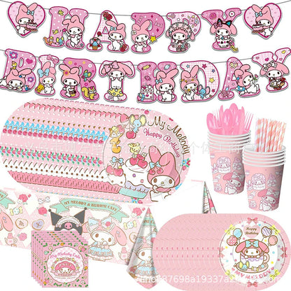 Sanrio Melody Theme Children'S Birthday Party Decoration Flag Streamer Disposable Meal Girl Dinner Party Set Plate Tablecloth