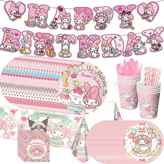 Sanrio Melody Theme Children'S Birthday Party Decoration Flag Streamer Disposable Meal Girl Dinner Party Set Plate Tablecloth