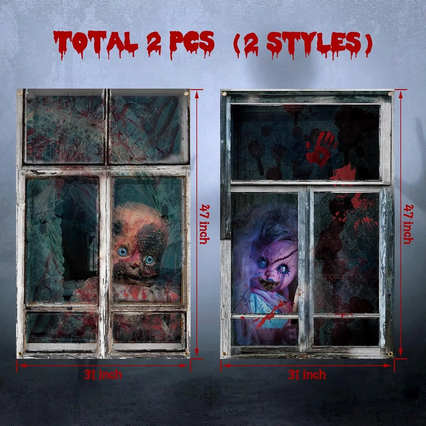 2 Pcs Scary Halloween Curtain Window Silhouette Decoration Blood Halloween Horror Halloween Window Poster
